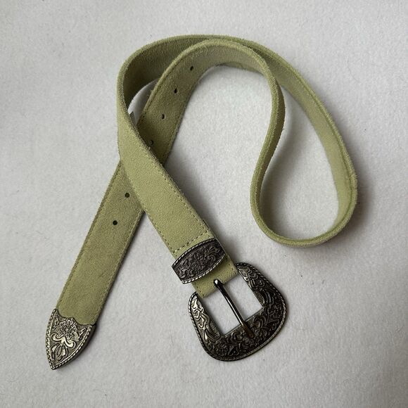 Free People Western Black Rock Olive Green Suede Gunmetal Skinny Belt S/M